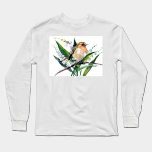 Robin Bird and Lilies of the Valley Flowers Long Sleeve T-Shirt